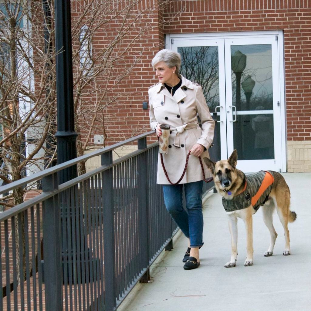 trench coat, j.crew toothpick jeans, everlane silk tunic, target merona slides