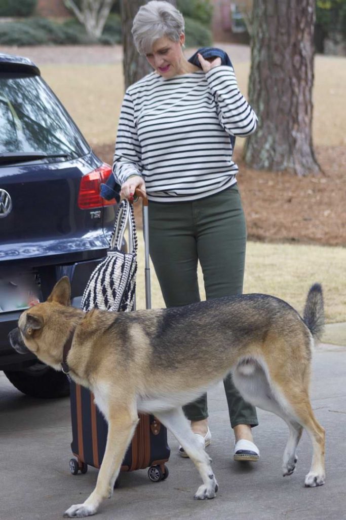 boden green cargo pants, st. james striped tee, old navy jean jacket, tory burch espadrilles
