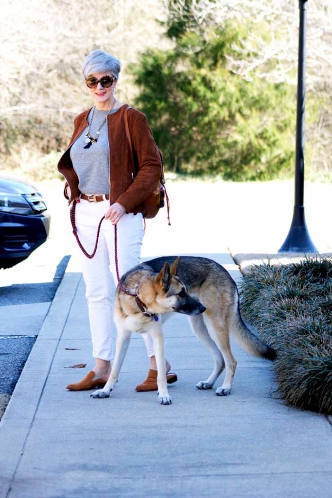 ann taylor white denim, everlane cashmere, ralph lauren suede jacket, sam edelman suede mules