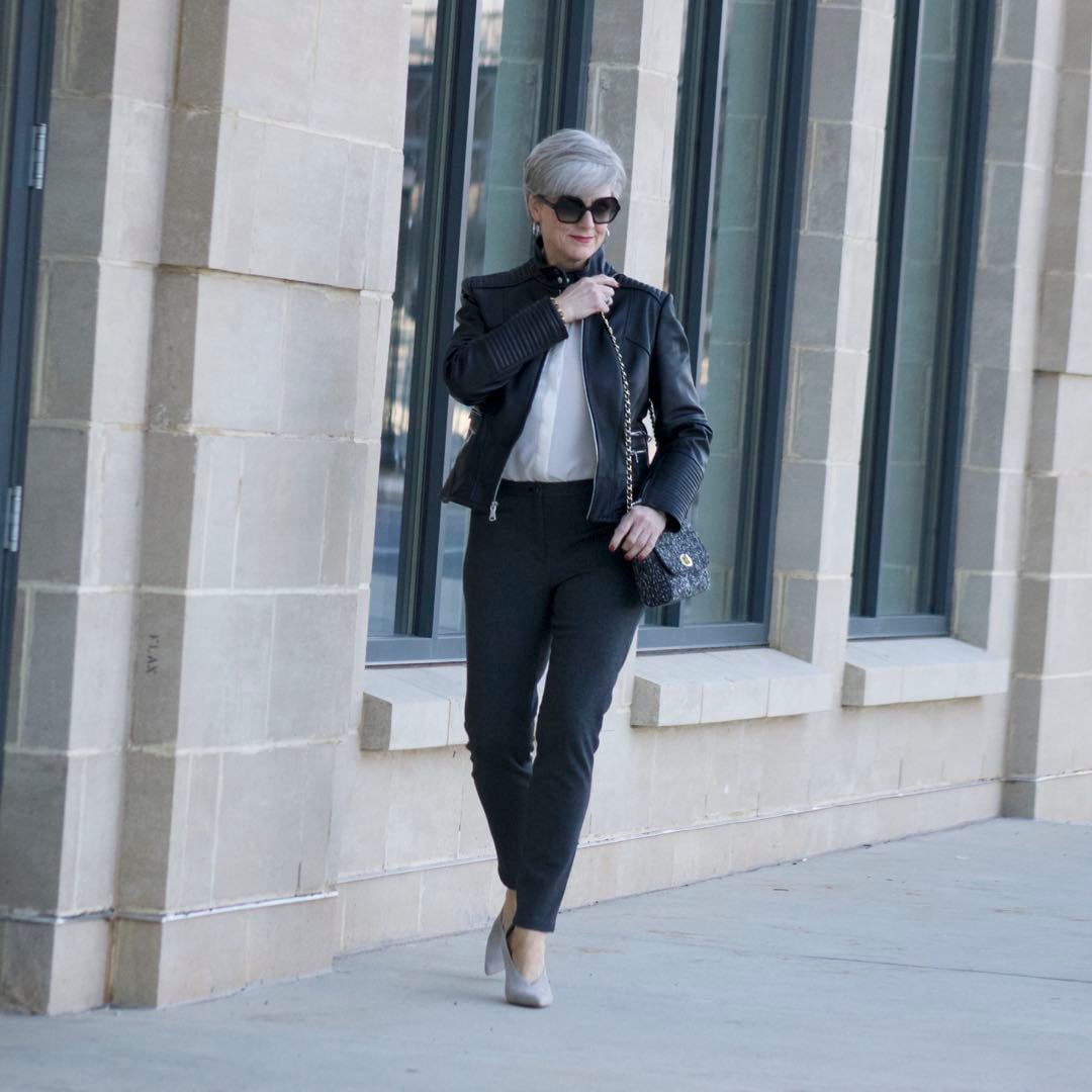 vince camuto leather moto jacket, everlane silk blouse, talbots pants, vince camuto suede pumps, talbots tweed handbag