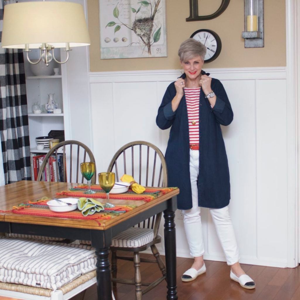 j.crew striped tee, madewell denim dress, ann taylor white denim, tory burch espadrilles