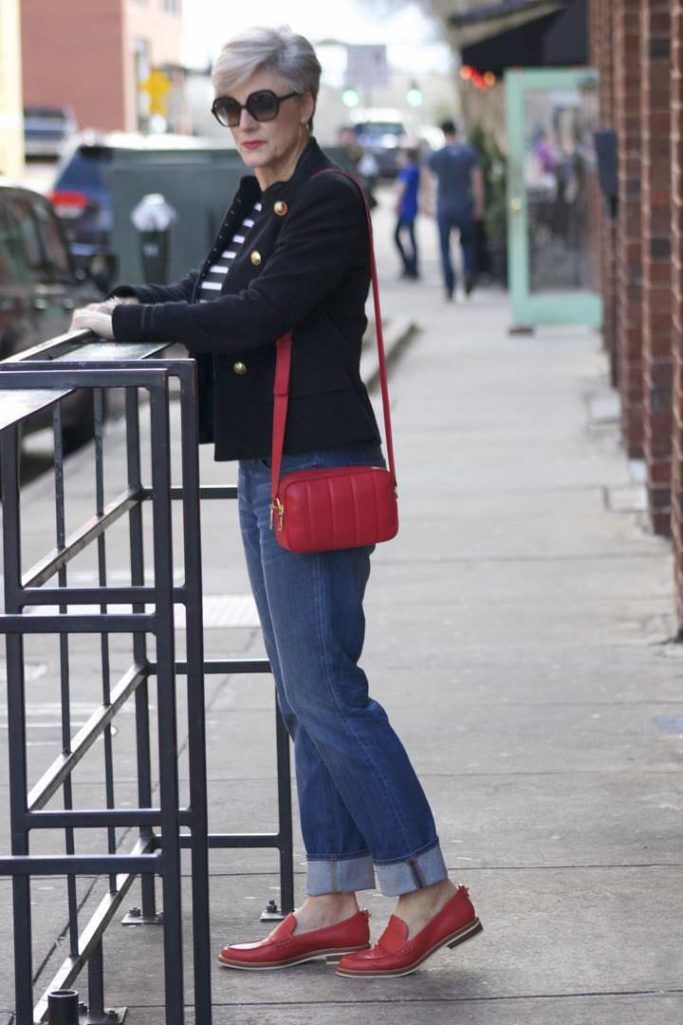 zara military blazer, j.crew matchstick denim, ralph lauren striped tee, coach red loafers, talbots red camera handbag