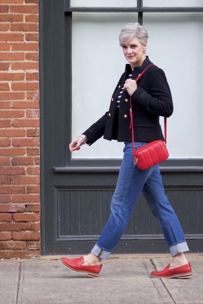 zara military blazer, j.crew matchstick denim, ralph lauren striped tee, coach red loafers, talbots red camera handbag