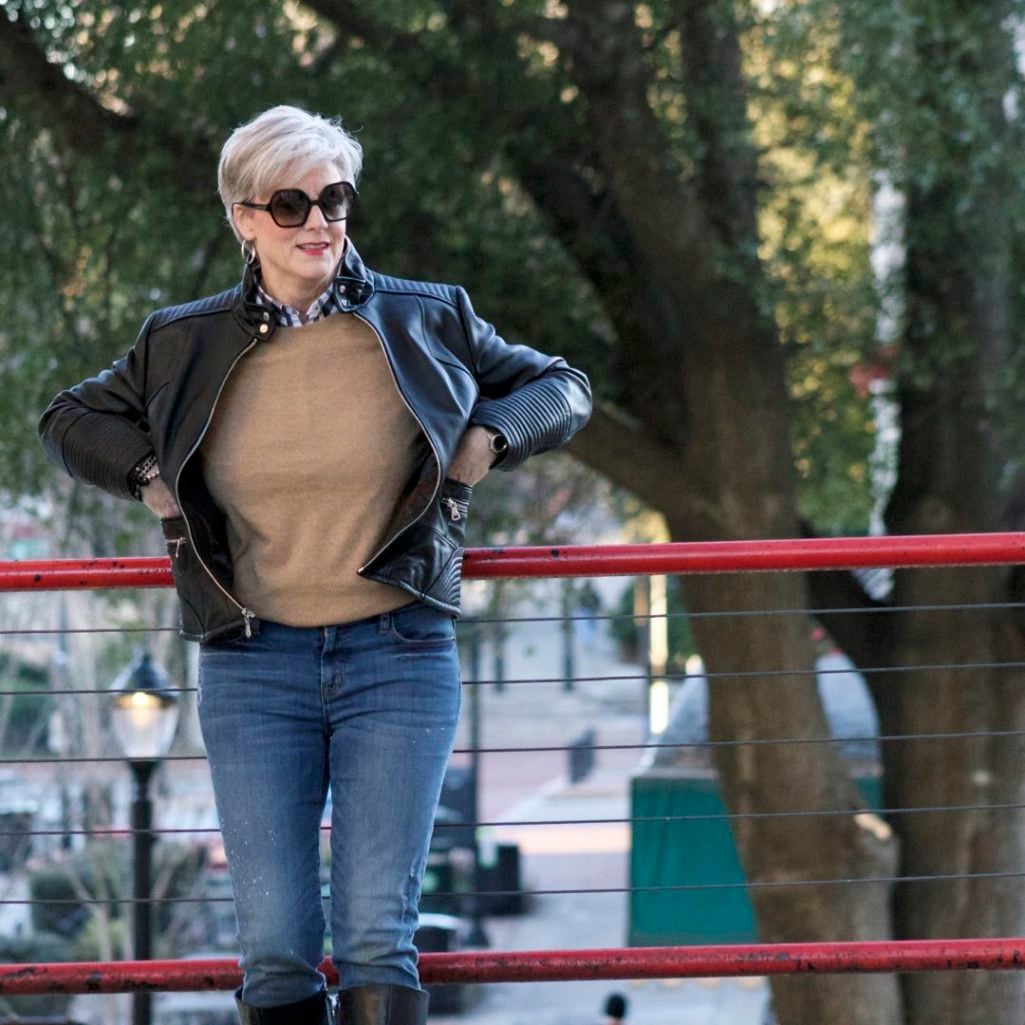 vince camuto leather moto jacket, everlane cashmere sweater, j.crew skinny toothpick, talbots riding boots, michael kors handbag