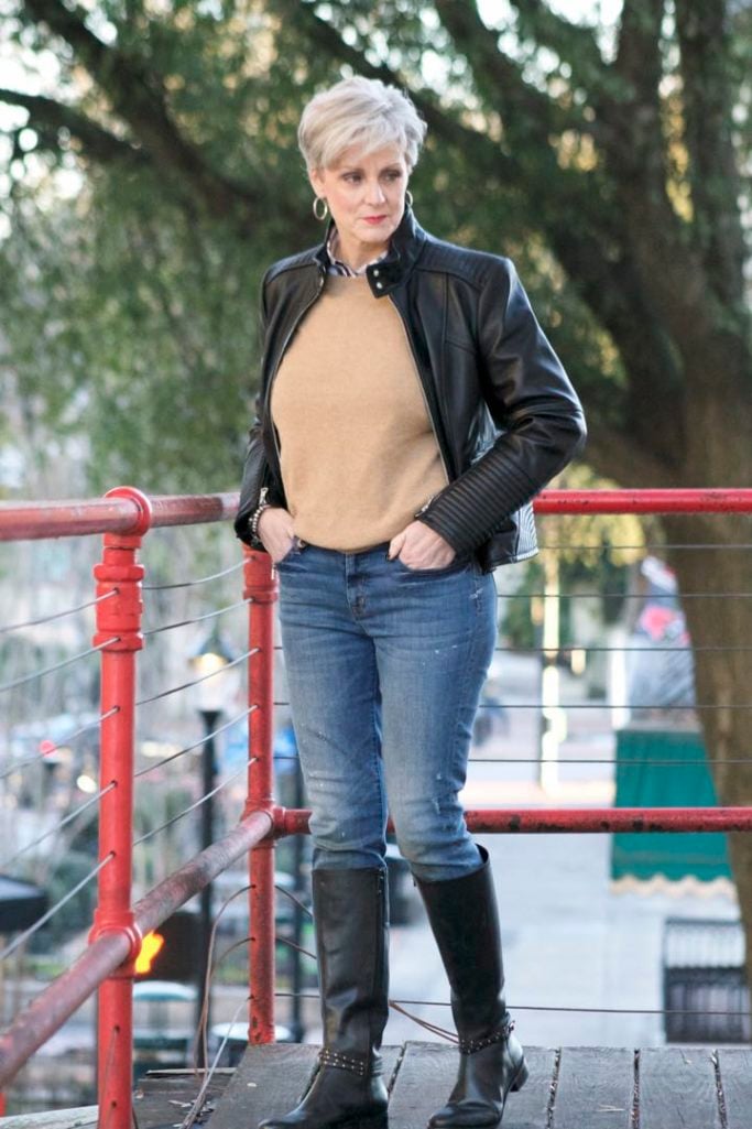 vince camuto leather moto jacket, everlane cashmere sweater, j.crew skinny toothpick, talbots riding boots, michael kors handbag