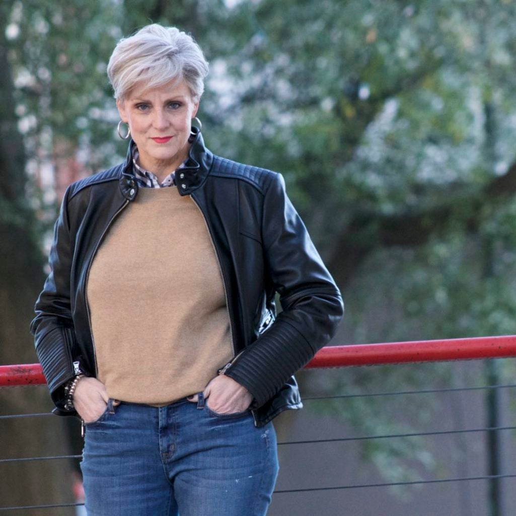 vince camuto leather moto jacket, everlane cashmere sweater, j.crew skinny toothpick, talbots riding boots, michael kors handbag