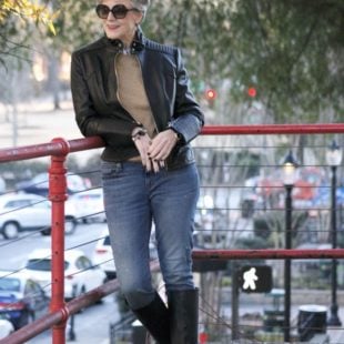 vince camuto leather moto jacket, everlane cashmere sweater, j.crew skinny toothpick, talbots riding boots, michael kors handbag