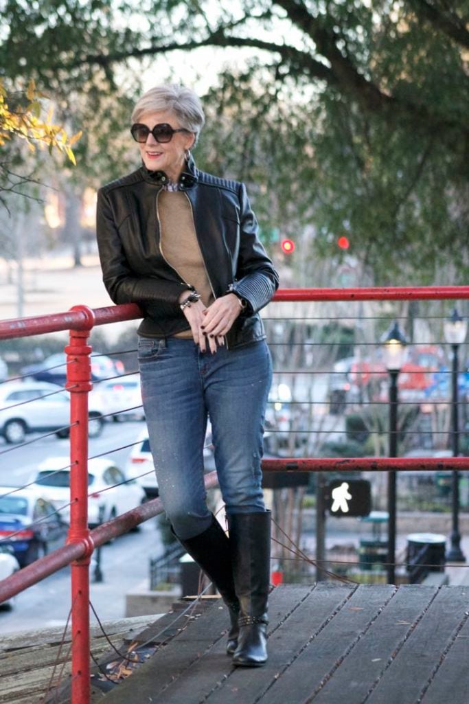 vince camuto leather moto jacket, everlane cashmere sweater, j.crew skinny toothpick, talbots riding boots, michael kors handbag