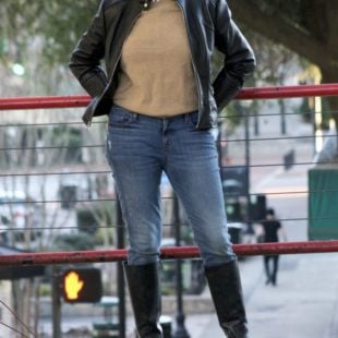vince camuto leather moto jacket, everlane cashmere sweater, j.crew skinny toothpick, talbots riding boots, michael kors handbag