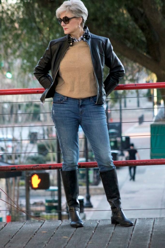 vince camuto leather moto jacket, everlane cashmere sweater, j.crew skinny toothpick, talbots riding boots, michael kors handbag