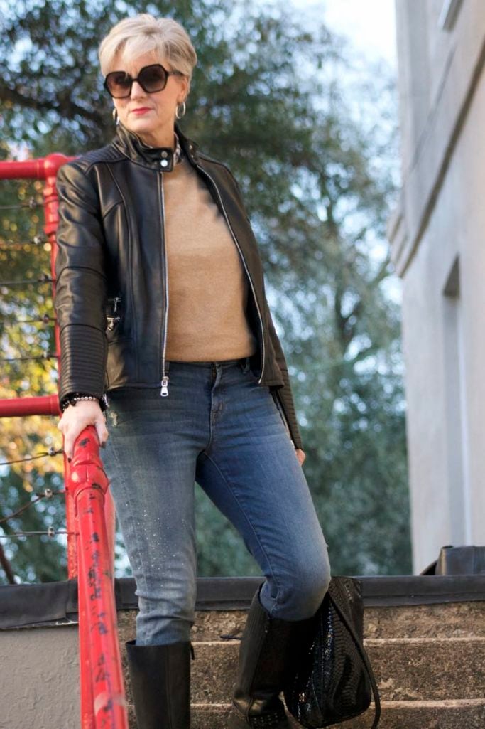 vince camuto leather moto jacket, everlane cashmere sweater, j.crew skinny toothpick, talbots riding boots, michael kors handbag