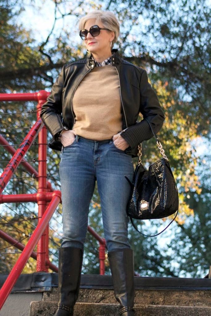 vince camuto leather moto jacket, everlane cashmere sweater, j.crew skinny toothpick, talbots riding boots, michael kors handbag