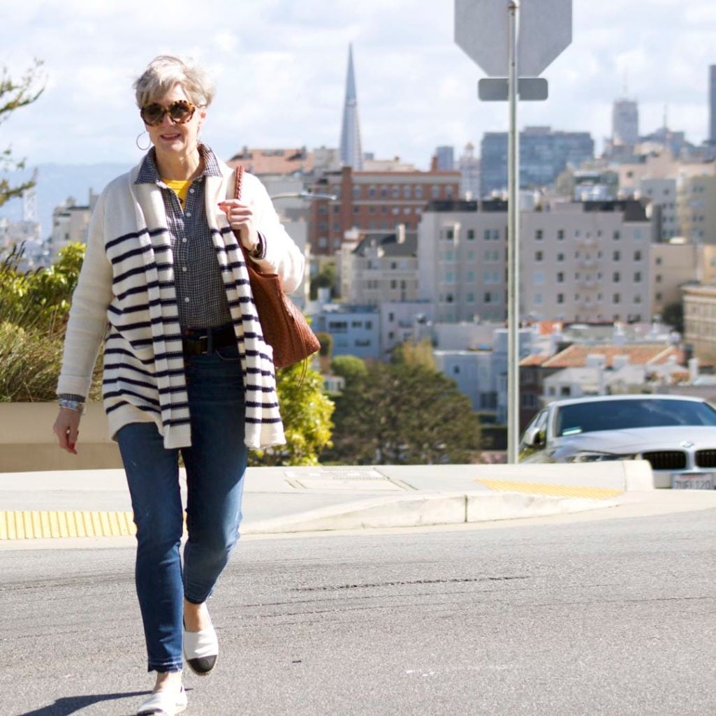 san francisco, madewell denim, j.crew striped cardigan, tory burch espadrilles