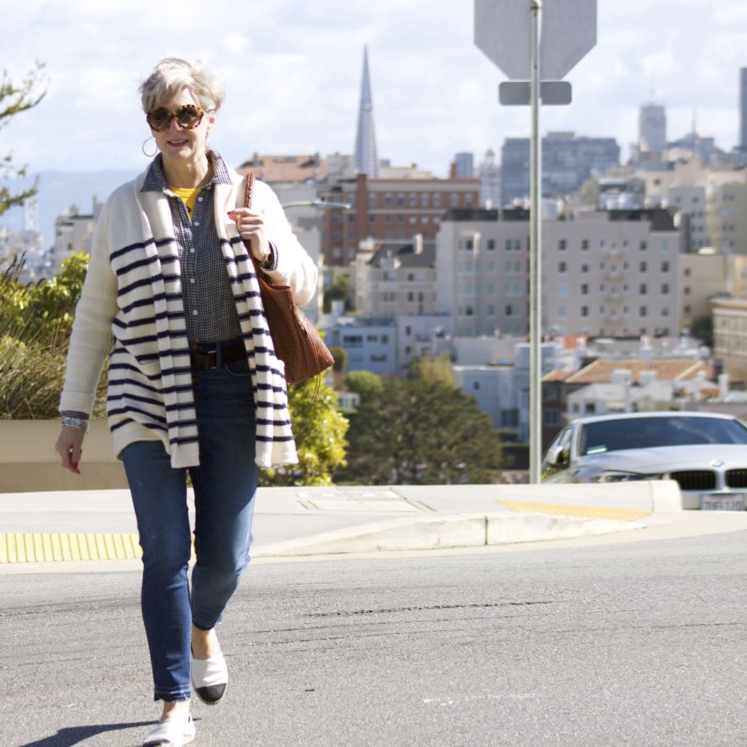 san francisco, madewell denim, j.crew striped cardigan, tory burch espadrilles