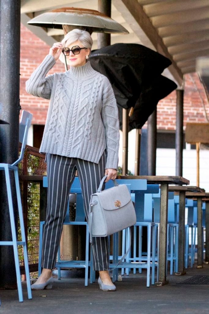 banana republic sloan pants, everlane cableknit turtleneck, suede grey shoes