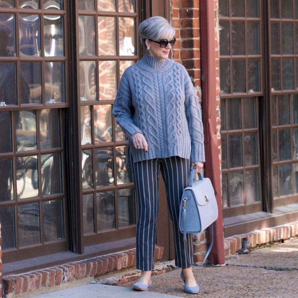 banana republic sloan pants, everlane cableknit turtleneck, suede grey shoes