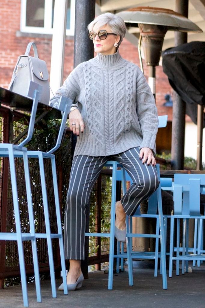 banana republic sloan pants, everlane cableknit turtleneck, suede grey shoes
