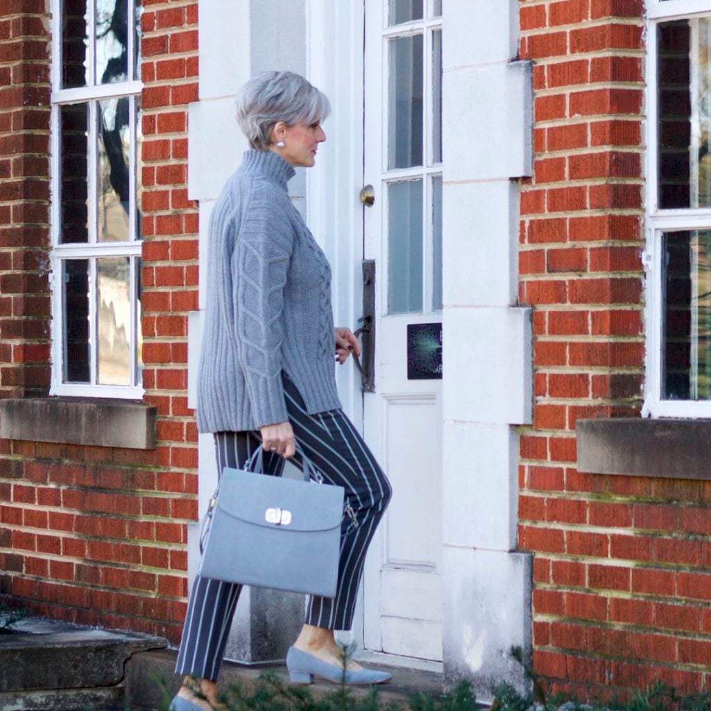 banana republic sloan pants, everlane cableknit turtleneck, suede grey shoes