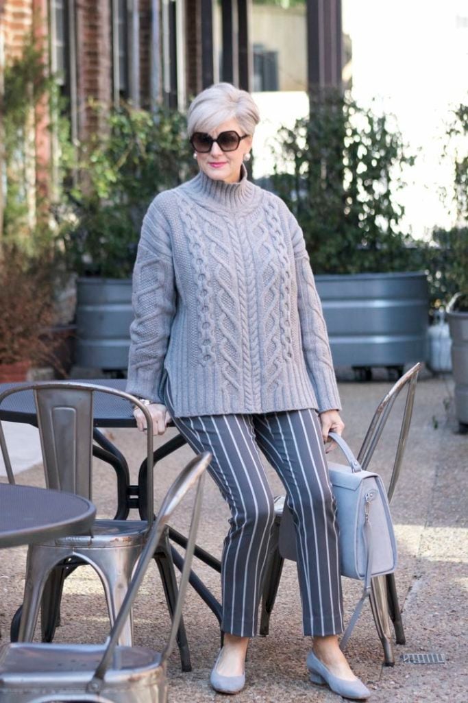 banana republic sloan pants, everlane cableknit turtleneck, suede grey shoes