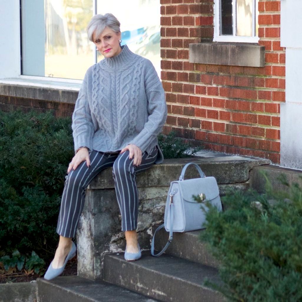 banana republic sloan pants, everlane cableknit turtleneck, suede grey shoes