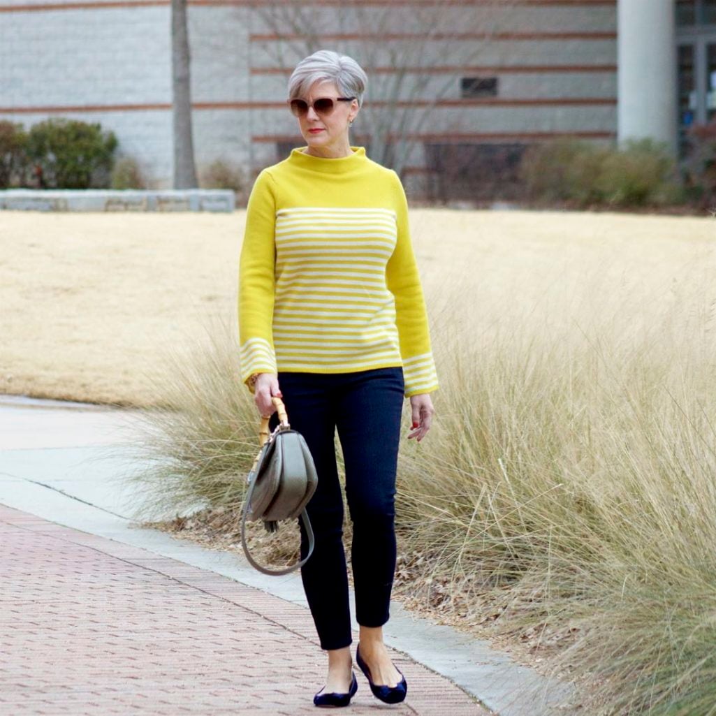 boden yellow stripe sweater, ann taylor sailor denim, kate spade velvet flats, gucci handbag