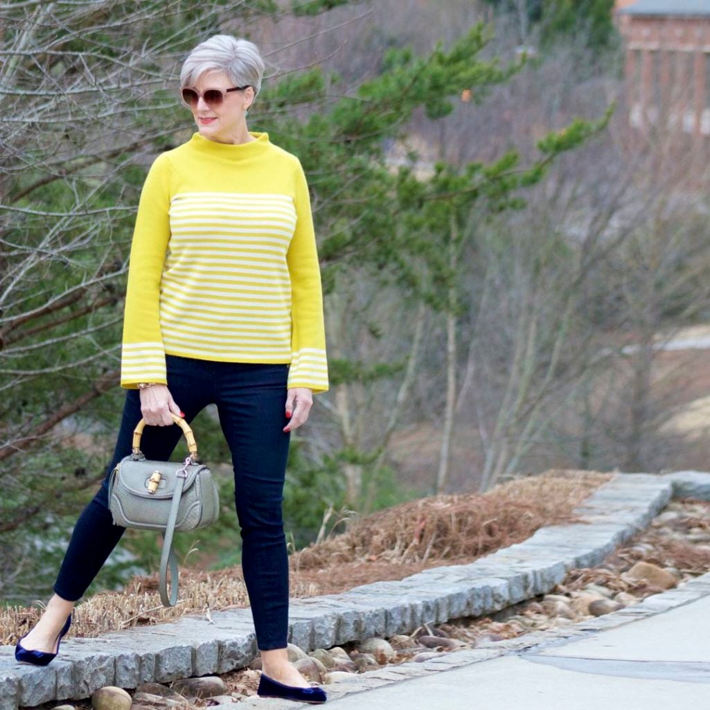 boden yellow stripe sweater, ann taylor sailor denim, kate spade velvet flats, gucci handbag