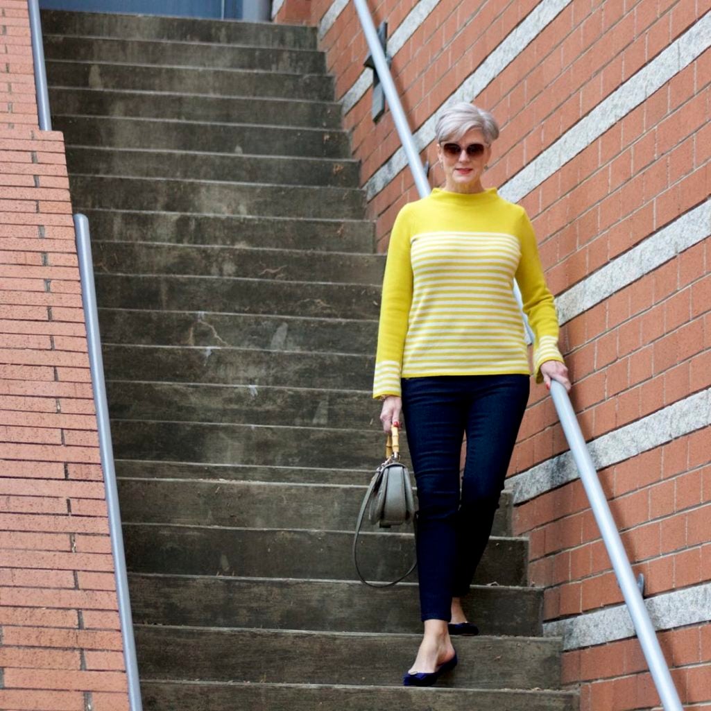 boden yellow stripe sweater, ann taylor sailor denim, kate spade velvet flats, gucci handbag