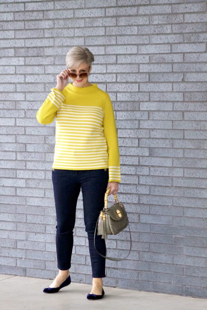 boden yellow stripe sweater, ann taylor sailor denim, kate spade velvet flats, gucci handbag