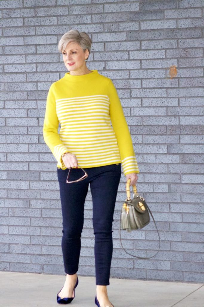 boden yellow stripe sweater, ann taylor sailor denim, kate spade velvet flats, gucci handbag
