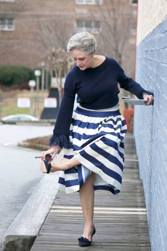 j.crew feather sleeve crewneck sweater, j.crew pleated satin stripe skirt, nine west suede pumps, rebecca minkoff leo envelope clutch