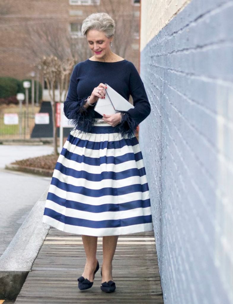 j.crew feather sleeve crewneck sweater, j.crew pleated satin stripe skirt, nine west suede pumps, rebecca minkoff leo envelope clutch