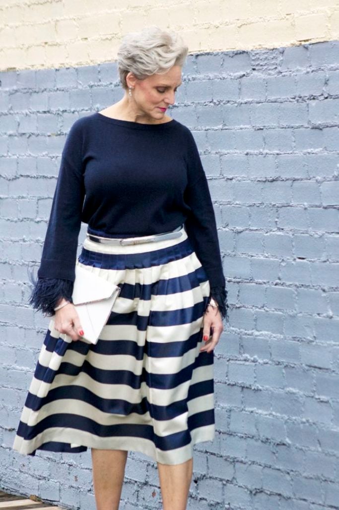 j.crew feather sleeve crewneck sweater, j.crew pleated satin stripe skirt, nine west suede pumps, rebecca minkoff leo envelope clutch