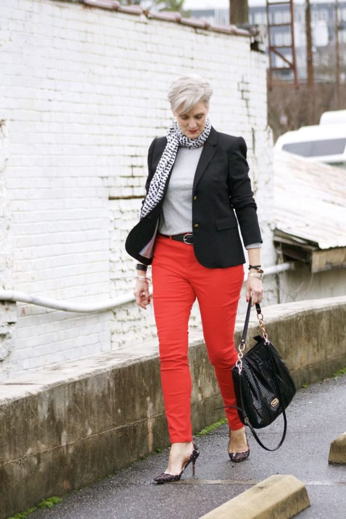 boden red jeans, j.crew black blazer, boden allie tee, michael kors handbag