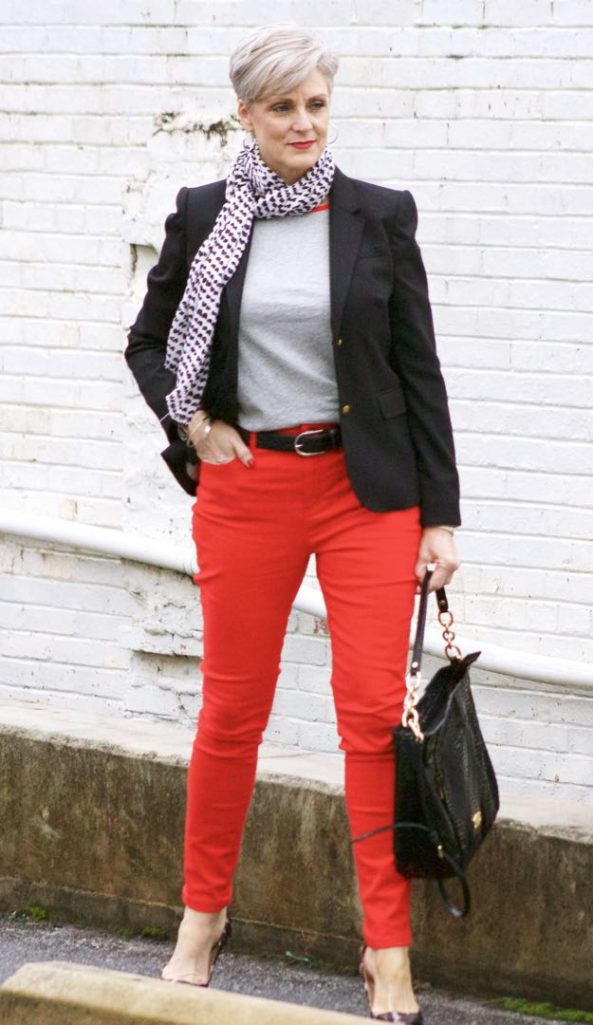 boden red jeans, j.crew black blazer, boden allie tee, michael kors handbag