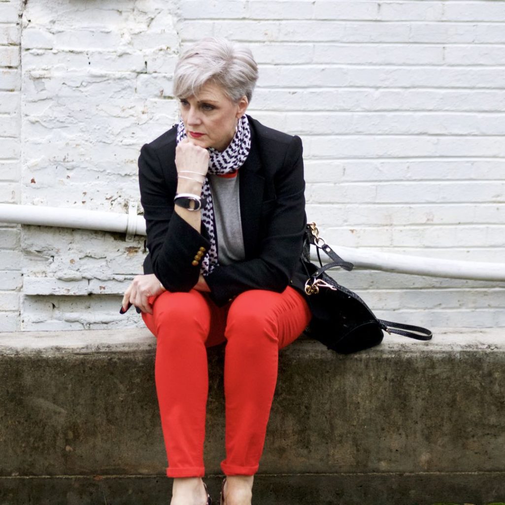boden red jeans, j.crew black blazer, boden allie tee, michael kors handbag