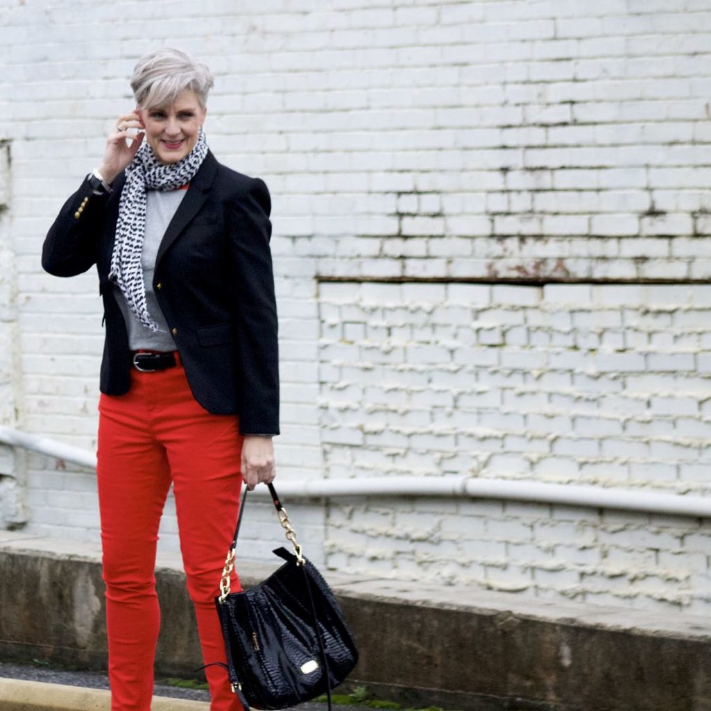 boden red jeans, j.crew black blazer, boden allie tee, michael kors handbag