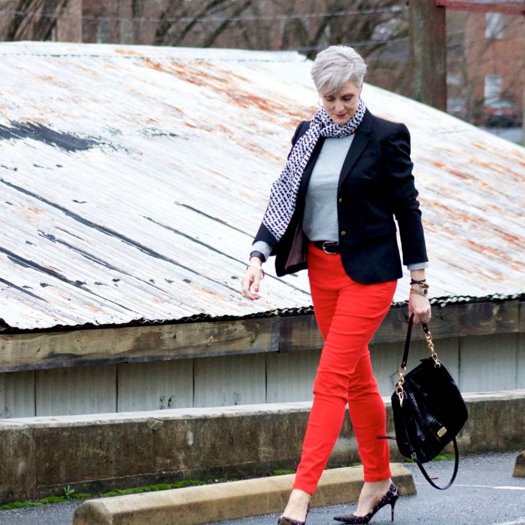 boden red jeans, j.crew black blazer, boden allie tee, michael kors handbag