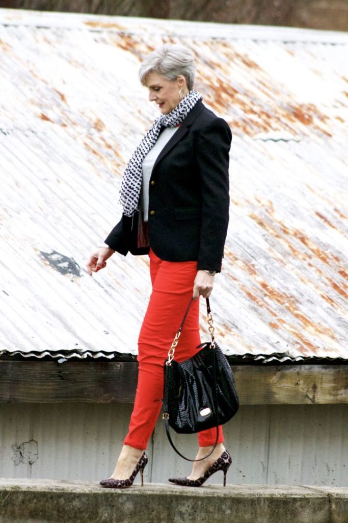 boden red jeans, j.crew black blazer, boden allie tee, michael kors handbag