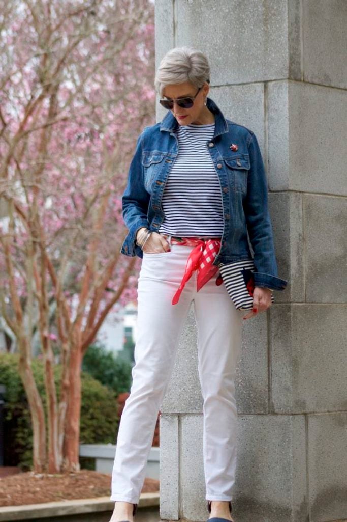 ann taylor white denim, urban outfitters stripe tee, old navy denim jacket, talbots scarf and clutch, target block heel sandals