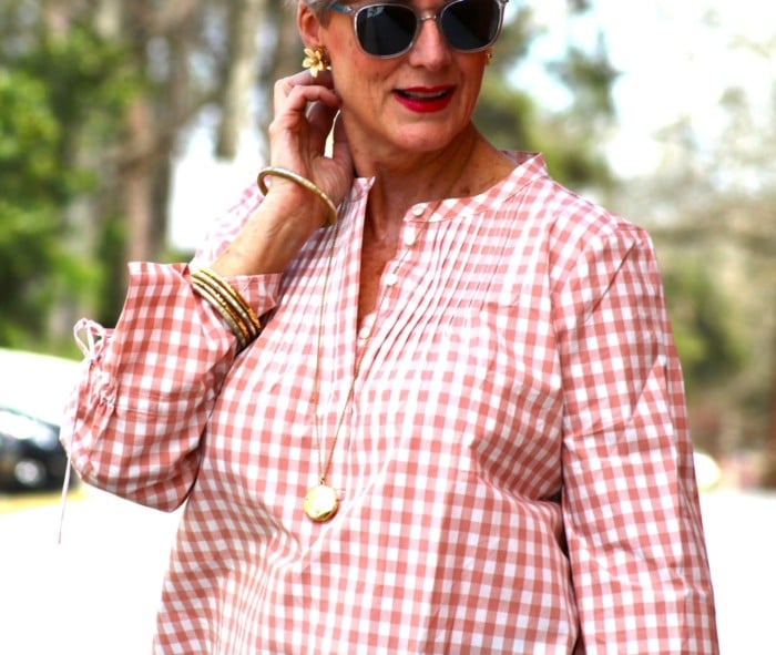 j.crew gingham blouse, j.crew patchwork chinos, kate spade sandals, talbots sunglasses