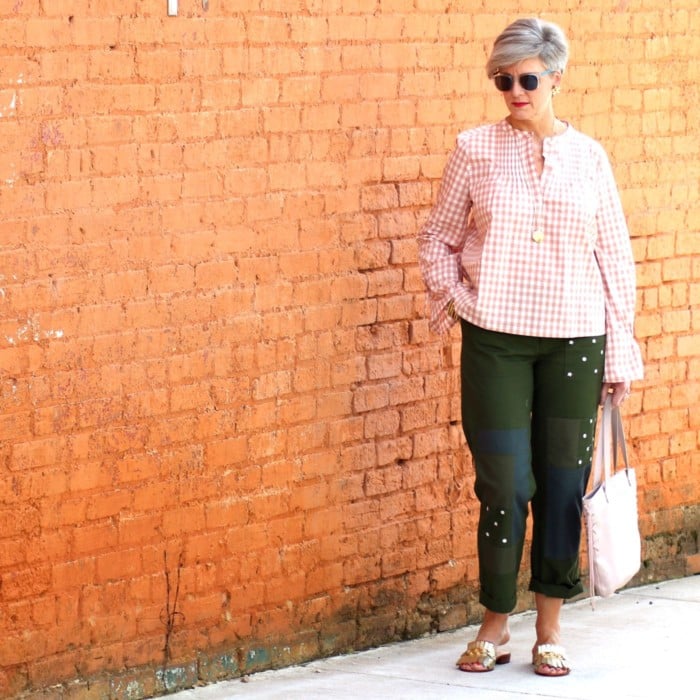 j.crew gingham blouse, j.crew patchwork chinos, kate spade sandals, talbots sunglasses