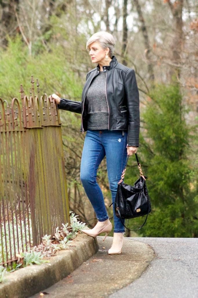 madewell button front denim, madewell top, vince camuto leather moto jacket, zara nude pumps, michael kors hobo handbag