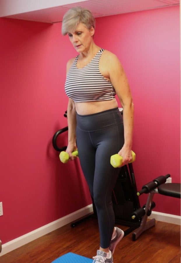 athleta stripe sports bra, athleta high rise chatarunga tights, new balance shoes