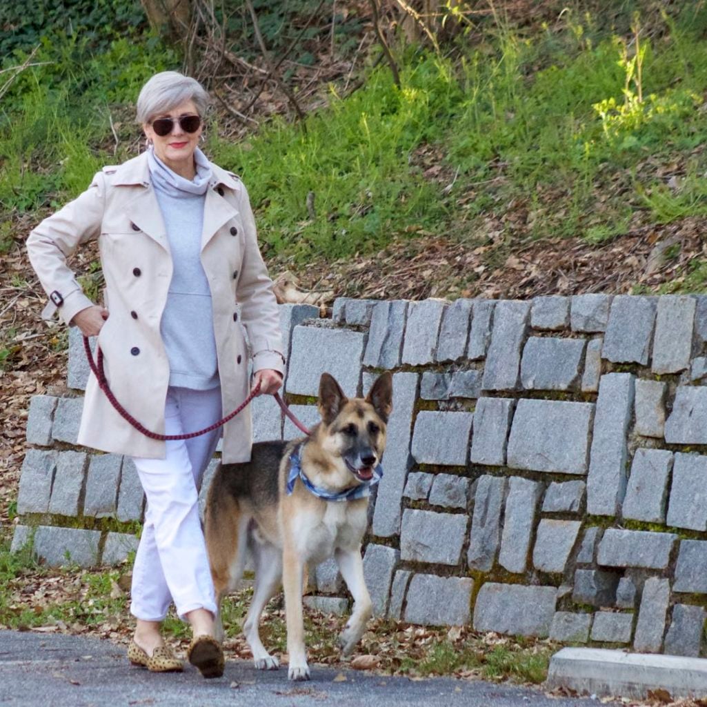 trench coat, talbots white boyfriend jeans, athleta sweatshirt, leopard calf hair flats