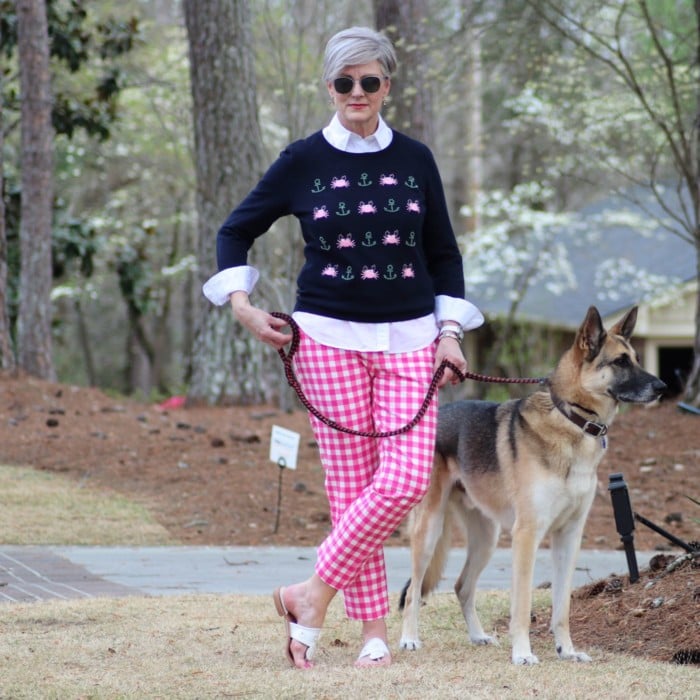 boden gingham pants, talbots embroidered sweater, talbots white shirt, jack rogers sandals