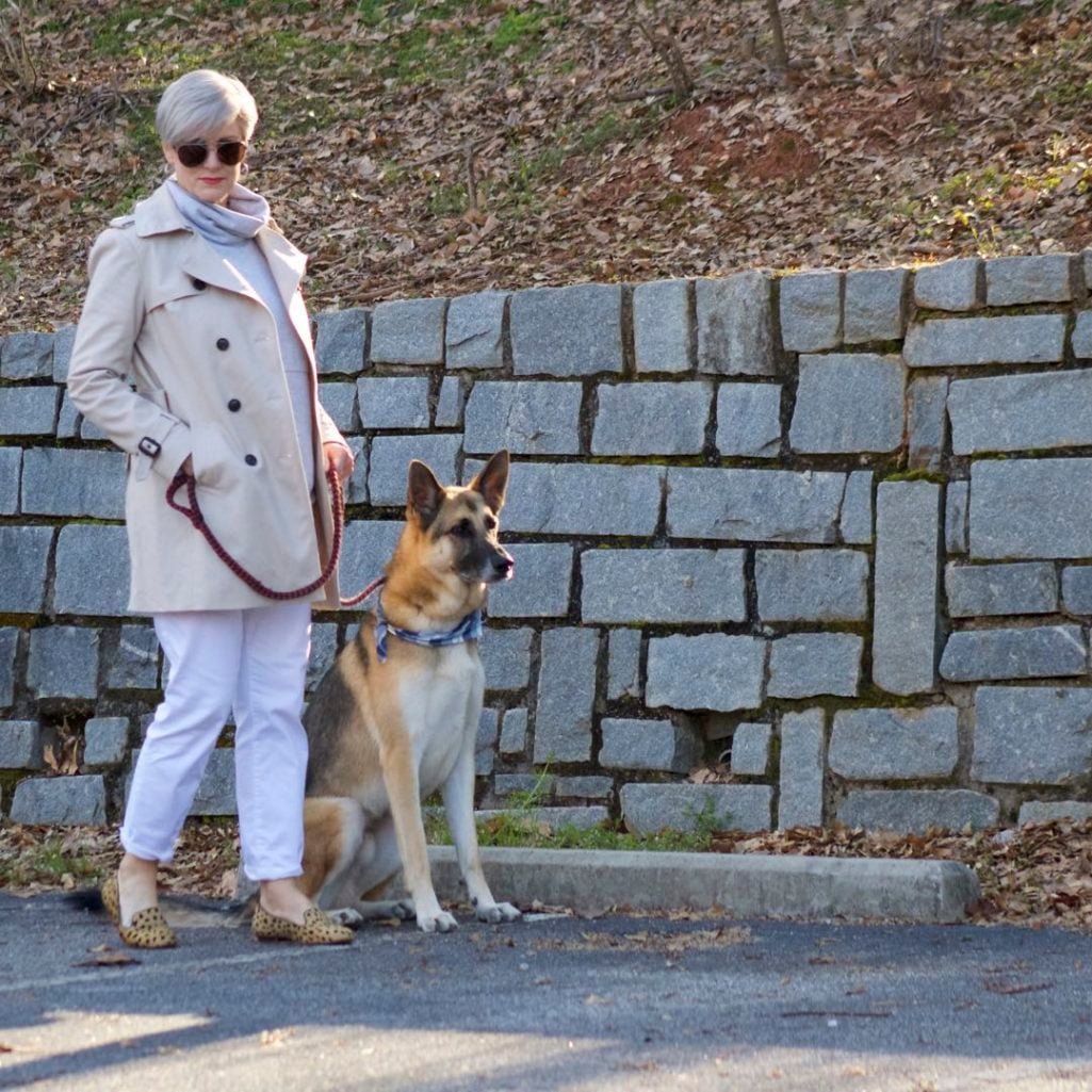 trench coat, talbots white boyfriend jeans, athleta sweatshirt, leopard calf hair flats