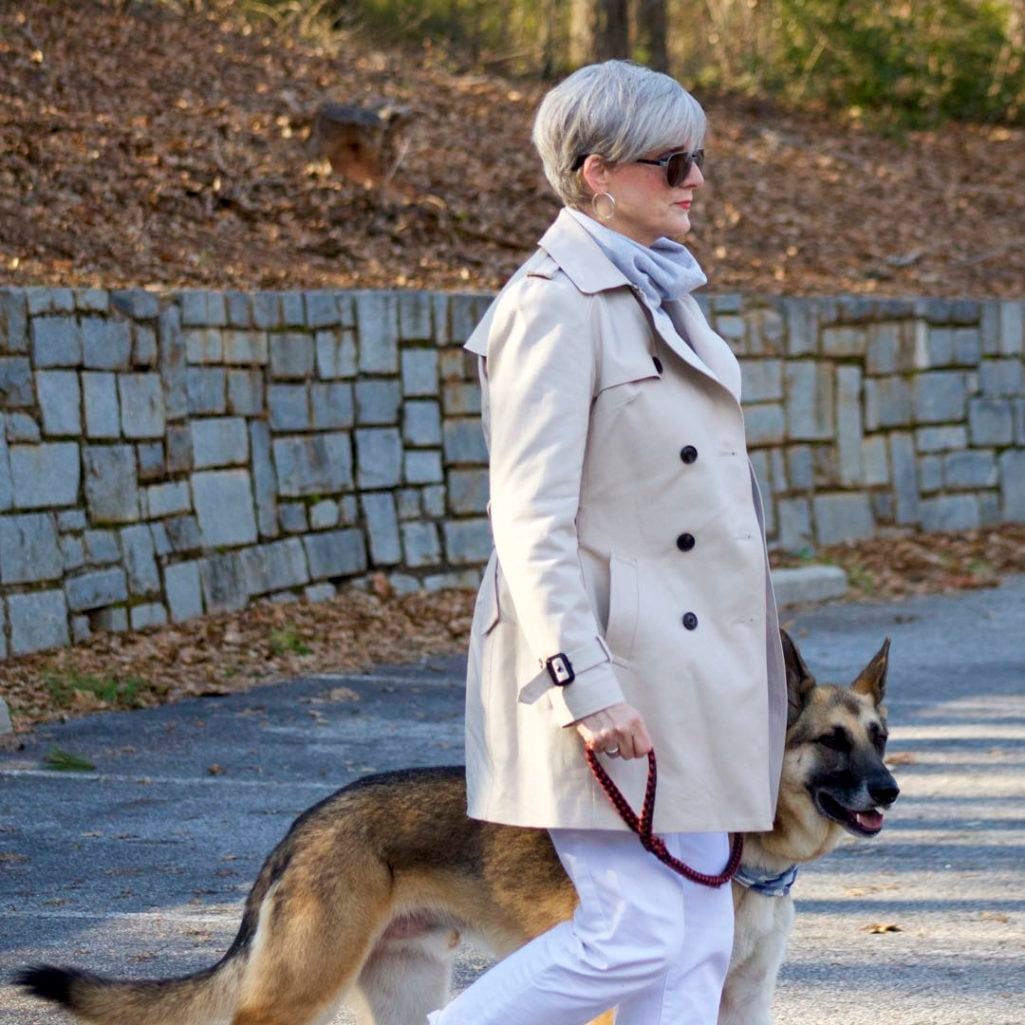 trench coat, talbots white boyfriend jeans, athleta sweatshirt, leopard calf hair flats