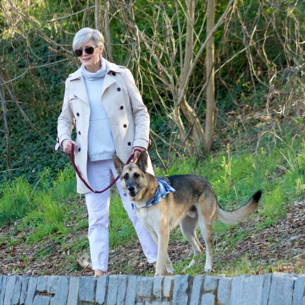 trench coat, talbots white boyfriend jeans, athleta sweatshirt, leopard calf hair flats