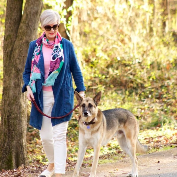 anthropologie waterfall jean jacket, talbots pink side tie sweater, everlane ecru denim, tory burch espadrilles, talbots pattern scarf