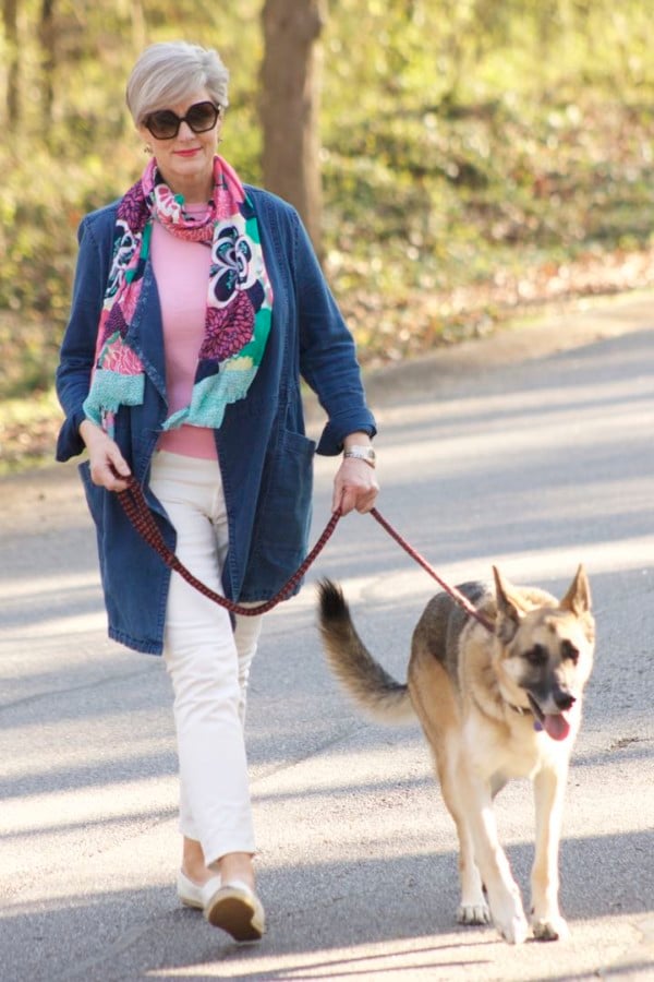 anthropologie waterfall jean jacket, talbots pink side tie sweater, everlane ecru denim, tory burch espadrilles, talbots pattern scarf